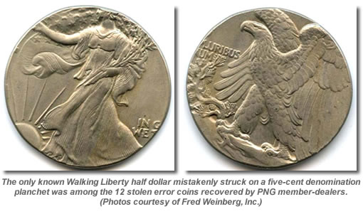 Walking Liberty half dollar on five-cent planchet 