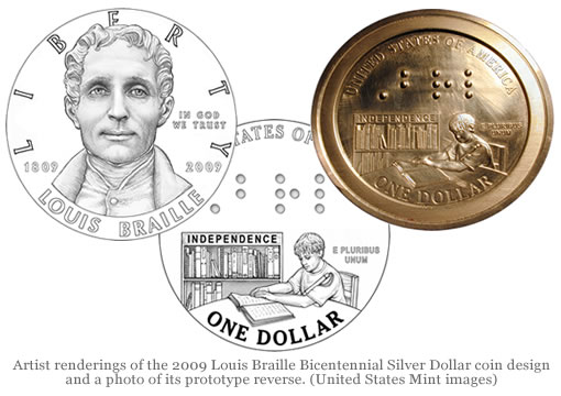 Louis Braille Bicentennial Silver Dollar Prototype and Coin Design Images