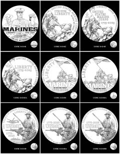 2025 U.S. Marine Corps 250th Anniversary Silver Dollar Candidate Designs – Obverses 1-5B