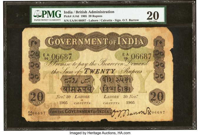 Calcutta 20 Rupees 30.11.1905 Pick A14d PMG Very Fine 20