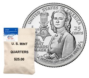 US Mint image 2024 Dr. Mary Edwards Walker quarter and bag
