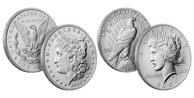 U.S. Mint images of their 2024-P Uncirculated Morgan and Peace Silver Dollars