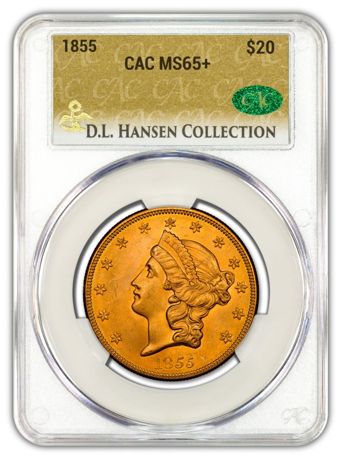 1855 $20 CAC MS65+