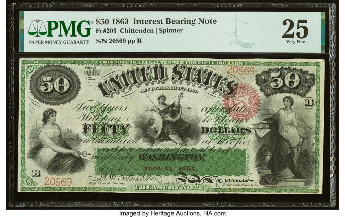 Fr. 203 $50 1863 Interest Bearing Note PMG Very Fine 25