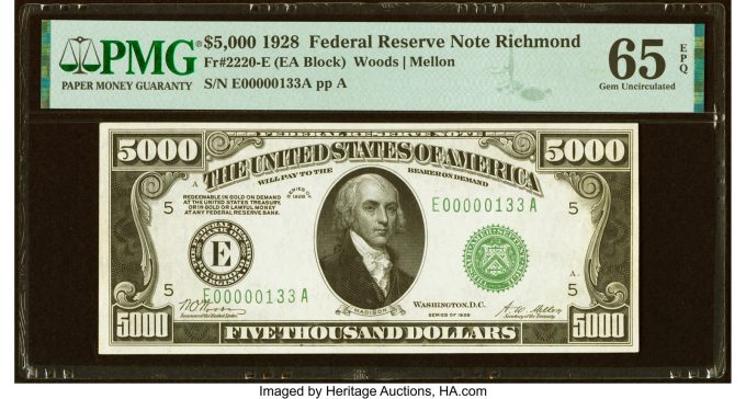 Fr. 2220-E $5,000 1928 Federal Reserve Note. PMG Gem Uncirculated 65 EPQ