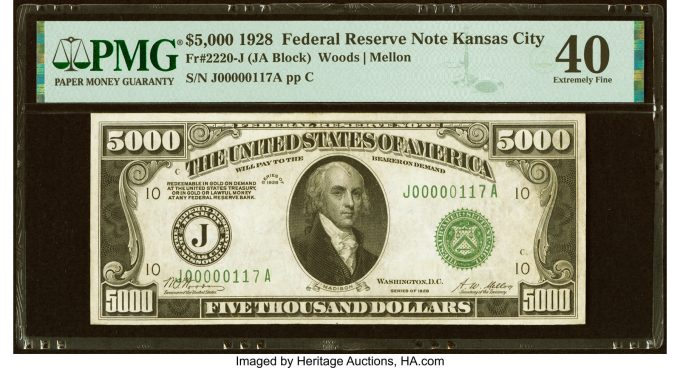 Fr. 2220-J $5,000 1928 Federal Reserve Note. PMG Extremely Fine 40