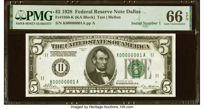 Serial Number 1 Fr. 1950-K $5 1928 Federal Reserve Note. PMG Gem Uncirculated 66 EPQ