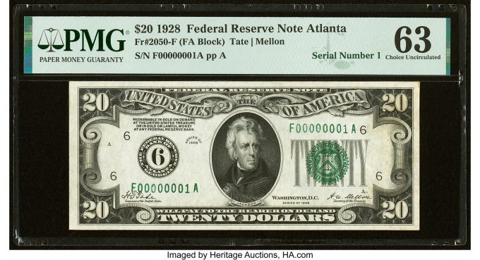 Serial Number 1 Fr. 2050-F $20 1928 Federal Reserve Note. PMG Choice Uncirculated 63