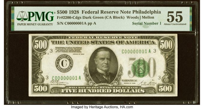 Serial Number 1 Fr. 2200-C $500 1928 Dark Green Seal Federal Reserve Note