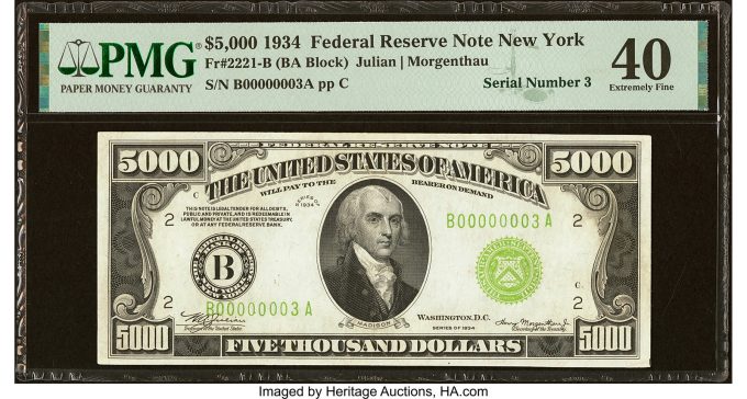 Serial Number 3 Fr. 2221-B $5,000 1934 Federal Reserve Note. PMG Extremely Fine 40