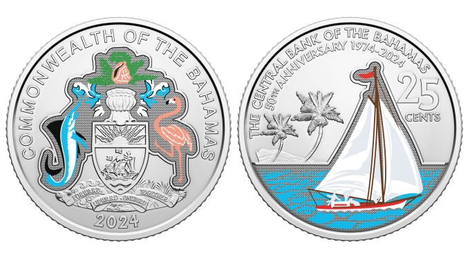 2024 25c 50th Anniversary Central Bank of The Bahamas Colour Coin - obverse and reverse