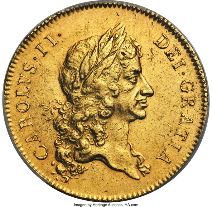 Charles II gold 5 Guineas 1673 AU55