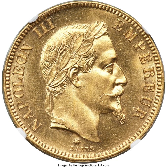 Napoleon III gold 100 Francs 1864-A MS64