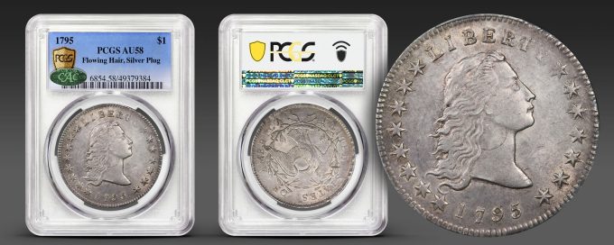 1795 Flowing Hair Silver Dollar with Silver Plug, PCGS AU-58