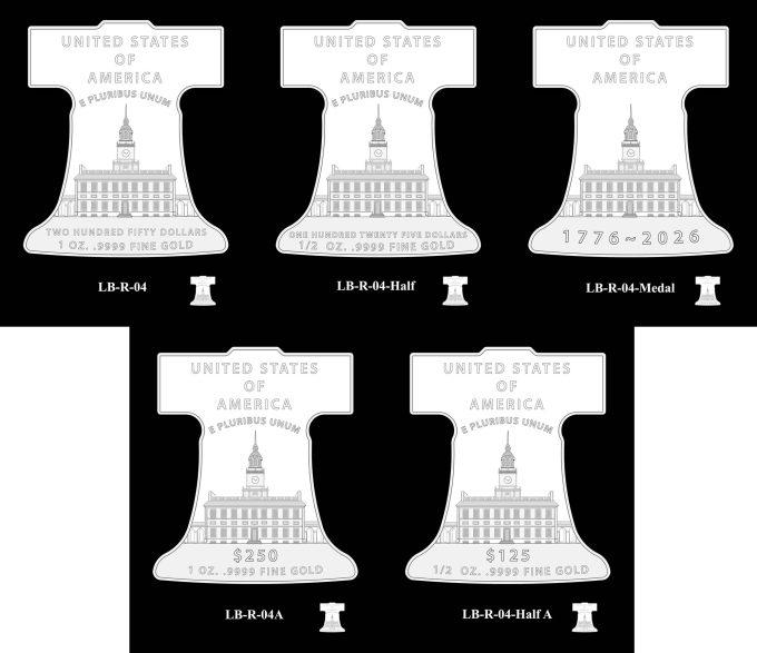 Reverse Candidate Designs 4 Non-Round 2026 Liberty Bell Coins and Medal