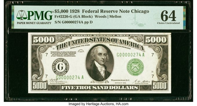 Fr. 2220-G $5,000 1928 Federal Reserve Note. PMG Choice Uncirculated 64