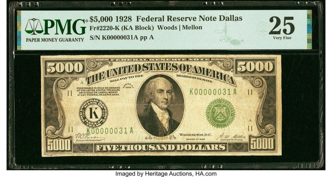 Fr. 2220-K $5,000 1928 Federal Reserve Note. PMG Very Fine 25