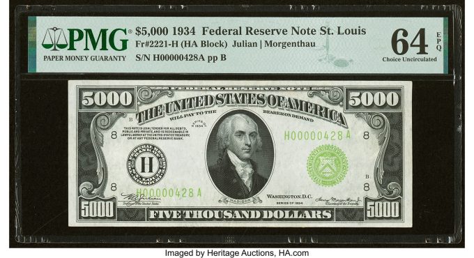 Fr. 2221-H $5,000 1934 Federal Reserve Note. PMG Choice Uncirculated 64 EPQ