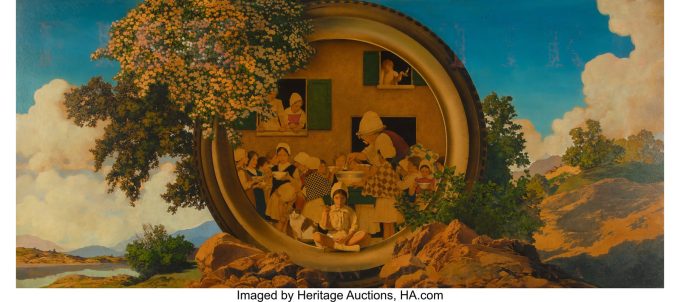 Maxfield Parrish There Was an Old Woman Who Lived in a Shoe, Fisk Tire advertisement