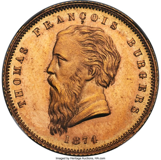 Republic gold "Coarse Beard" Burgers Pond 1874 MS65 NGC