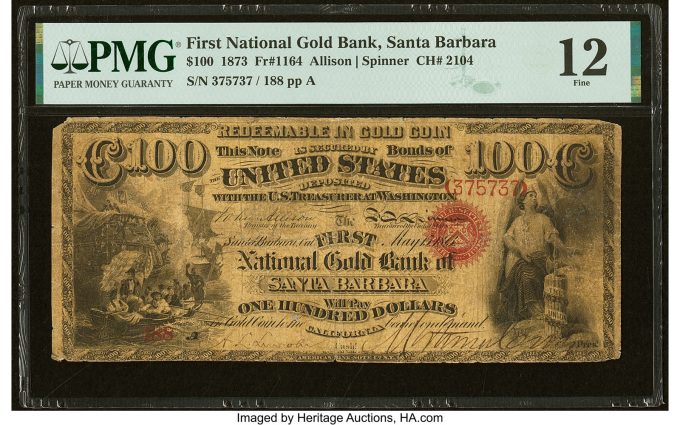 Santa Barbara, CA - $100 1873 Fr. 1164 The First National Gold Bank Ch. # 2104 PMG Fine 12